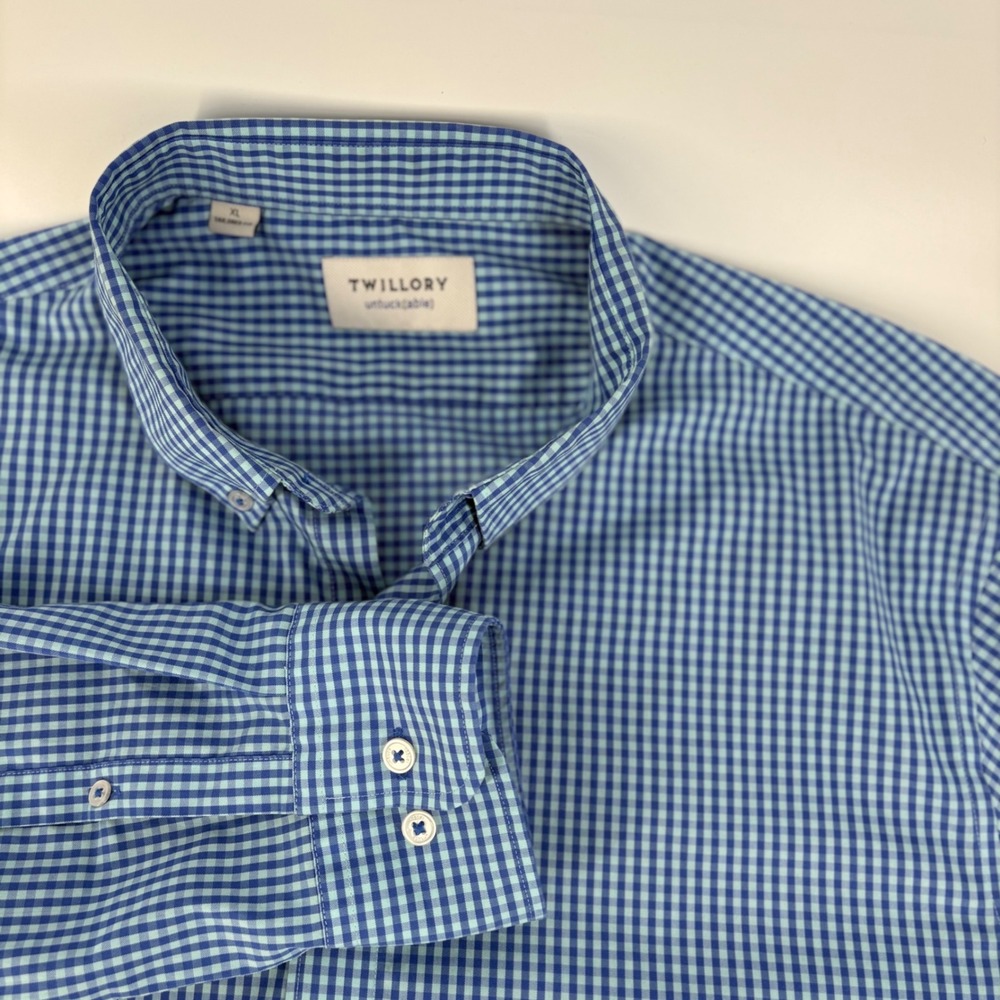 Twillory Untuckable Mens XL Tailored Fit Gingham Performance Shirt Blue Check